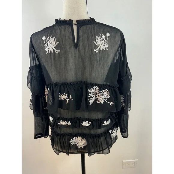 Zara Woman Floral Embroidered Ruffle Tiered Sheer Blouse Top Black M - Picture 3 of 5